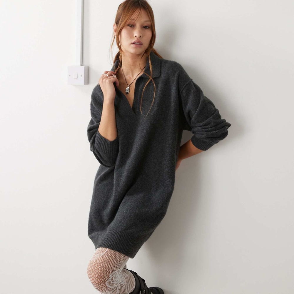 BRAND NEW Cozy Charcoal Sweater Dress- Weekday polo collar knit mini dress black